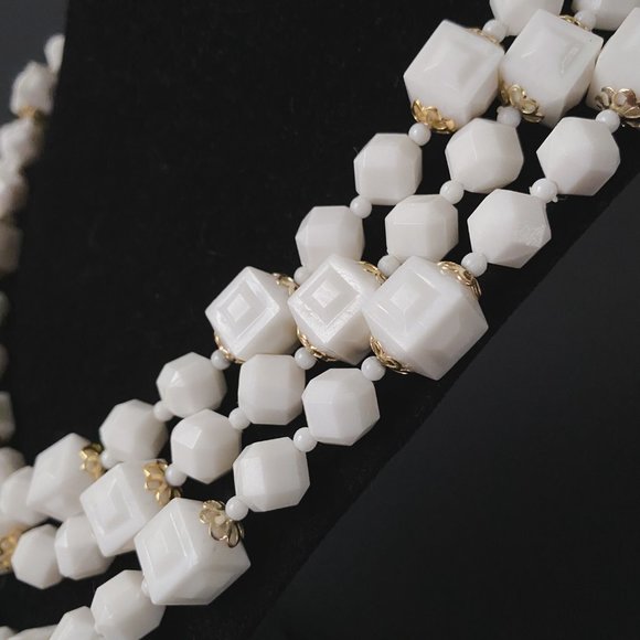 Vintage Hong Kong White Gold Square Chunky Beaded Layered Multi Strand Necklace - Picture 5 of 12
